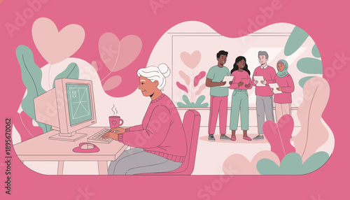 Elderly woman using retro computer while diverse young professionals collaborate Intergenerational work and technology