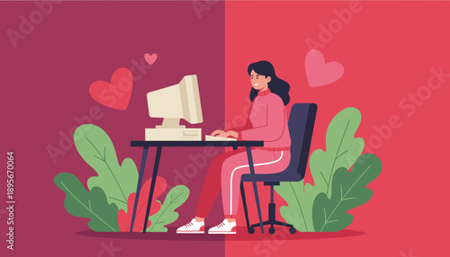 Smiling woman working remotely on an old desktop computer surrounded by plants and hearts