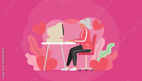 Senior woman typing on retro PC surrounded by hearts and plants Digital love concept