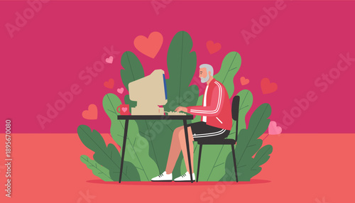 Active senior man using a retro computer among hearts elderly online dating or digital communication