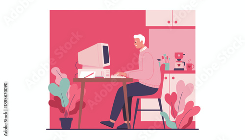 Smiling man works remotely on a retro computer in a stylish colorful home office illustration