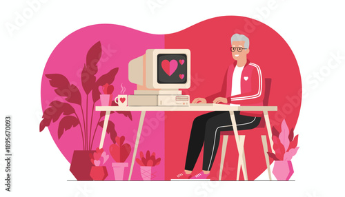 Happy senior man finds love online using a vintage computer Digital dating and social connection concept