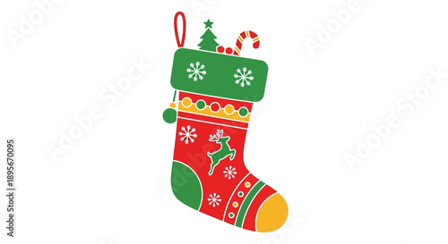 Christmas stocking with gifts, candy cane, and tree icon
