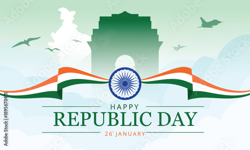 Happy Republic Day India Vector Banner with India Gate and Tricolor Wave 26 January Celebration Background