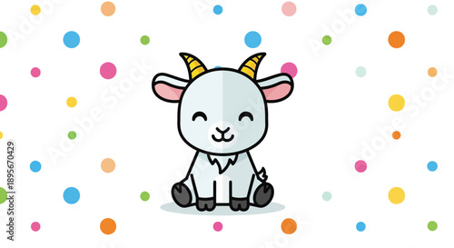 Cute Cartoon Goat Sitting Smiling with Colorful Polka Dots Background