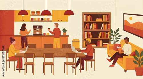 People Working, Collaborating, and Relaxing in a Modern Co-working Office Space