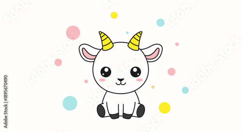 Cute cartoon goat sitting with colorful polka dots, kawaii animal illustration
