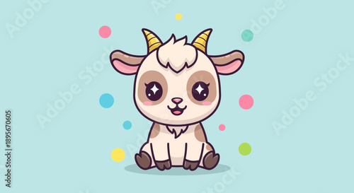 Cute Cartoon Goat Sitting with Colorful Bubbles, Adorable Baby Animal Illustration