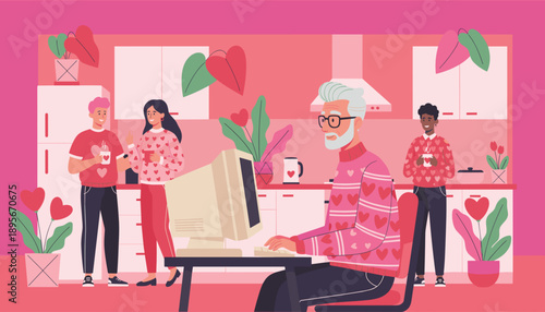 Friends and family celebrating love in a pink kitchen featuring remote work and retro tech