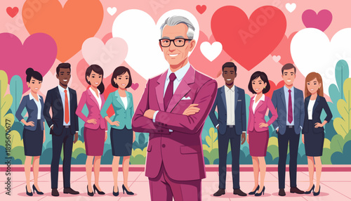 Diverse business team and smiling senior leader in suits against a background of symbolic hearts