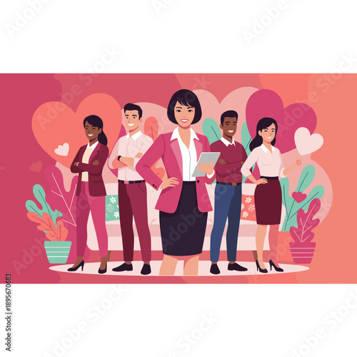 Diverse business team and female leader smiling representing positive workplace culture appreciation and teamwork