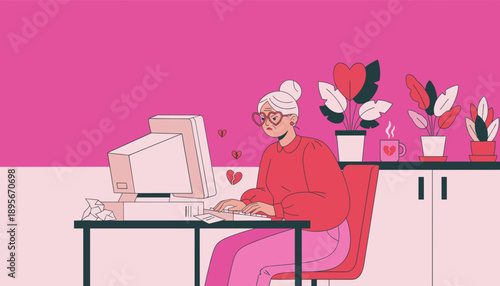 Sad senior woman in heart glasses typing on a retro PC symbolizing heartbreak and digital loneliness