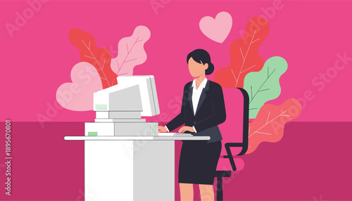 Professional woman working on PC in a vibrant office with hearts symbolizing dedication and worklife balance