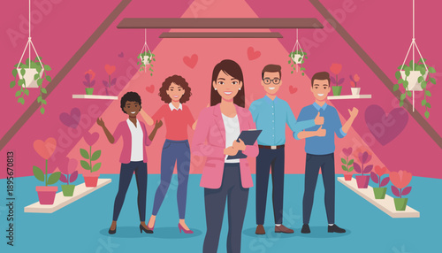 Diverse retail team portrait in a pink shop setting celebrating success and happiness together