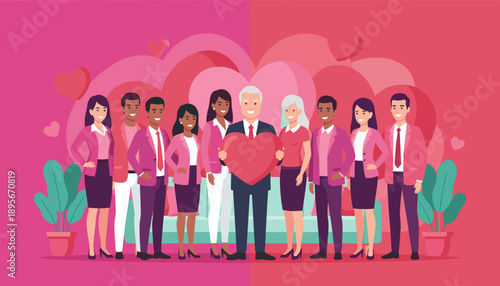 Diverse business team holds a large heart representing community care loyalty and corporate values