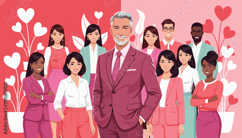 Diverse business team smiling with hearts background celebrating partnership leadership and inclusion