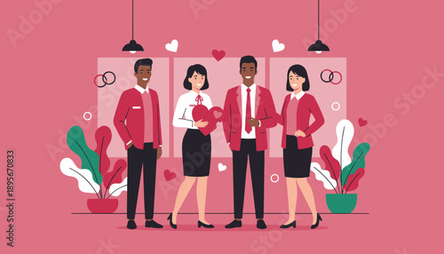 Diverse business team holding a heart symbolizing customer care partnership or corporate love