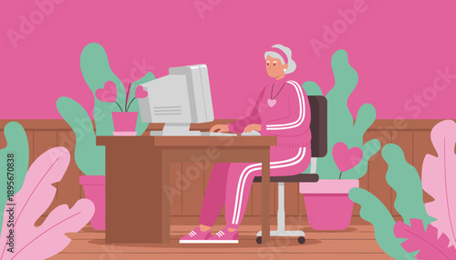 Active senior woman learning computer technology at home in a vibrant colorful interior setting