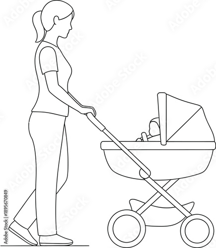 Mother pushing baby stroller with baby inside