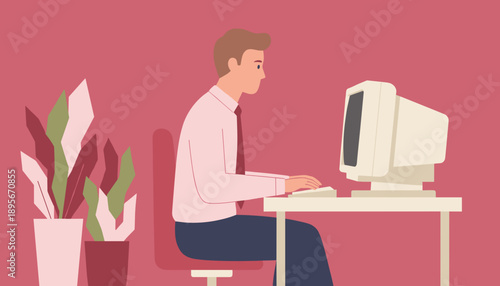 Focused professional typing on a vintage CRT monitor at a desk Remote work and outdated technology