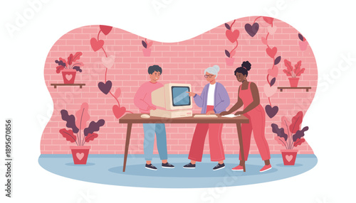 Diverse team collaborating on a retro computer Intergenerational learning digital skills and teamwork concept