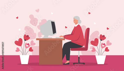 Senior woman using an old desktop computer surrounded by romantic heart flowers Online connection concept