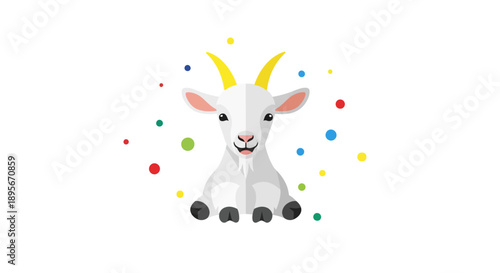 Cute Cartoon Goat Illustration with Colorful Confetti Dots