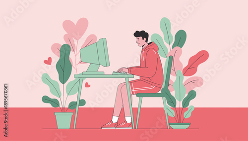 Young man remote working on a computer in a cozy plantfilled home office illustration Digital life