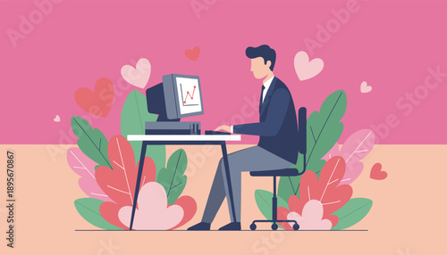 Businessman analyzing growth data on a computer in a vibrant decorative lovethemed office setting