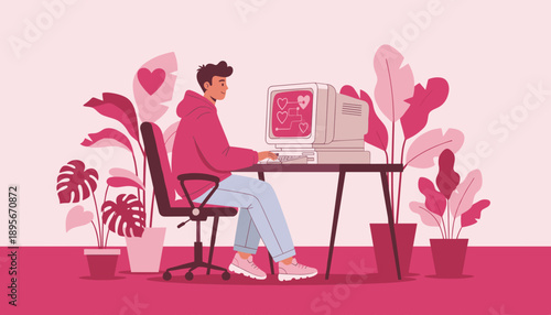 Young man using a retro CRT computer for online dating surrounded by vibrant pink houseplants