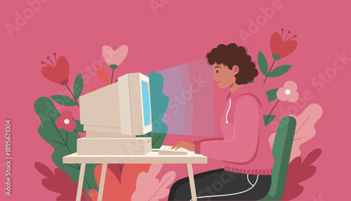 Woman using vintage desktop computer on pink floral background Remote work nostalgia digital art