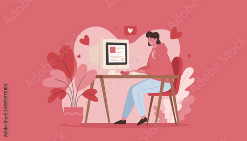 Young person happily uses retro computer for datingsocial media surrounded by love hearts