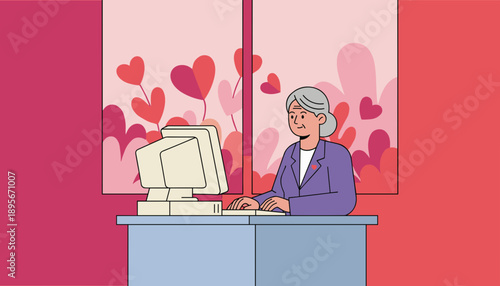 Elderly woman working on a retro computer in an office setting with heart decoration Valentines business