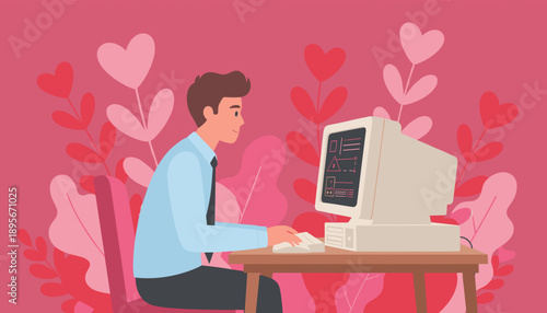 Smiling man finds online love using a retro computer illustrated against a pink background with hearts