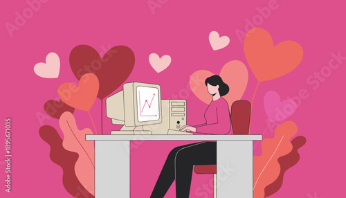 Woman working on a retro computer with an ascending graph surrounded by pink hearts Business love