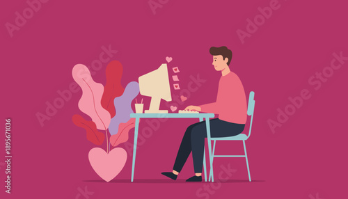 Man broadcasting lovenews online Digital marketing social media feedback illustration