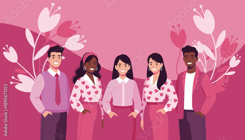 Diverse team smiling in pink illustration with flowers and hearts Love and friendship concept