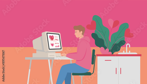 Young man uses computer for virtual dating and checking relationship stats in a colorful retro setting