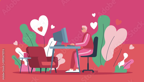 Senior man in sportswear uses a desktop computer for online love and connection