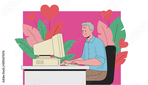 Elderly man finding love online using a retro desktop computer Technology for seniors concept