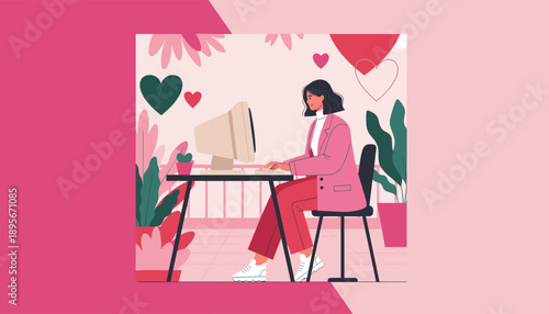 Stylish woman works on a computer in a modern pink office with plants and love hearts