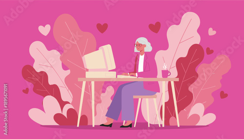 Senior woman works on a vintage desktop computer surrounded by pink plants and love hearts
