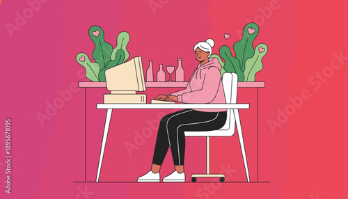 Happy woman working on retro computer at home office desk with plants digital illustration