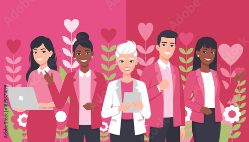 Diverse professional team smiling in pink Business love and equality illustration