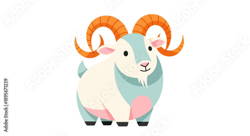 Cute Cartoon Goat with Big Orange Horns, Standing Isolated on White Background