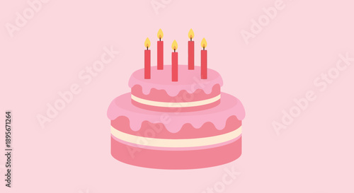 Pink Birthday Cake with Lit Candles on Pastel Background