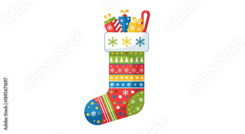 Christmas Stocking Full of Gifts and Candy Cane on White Background