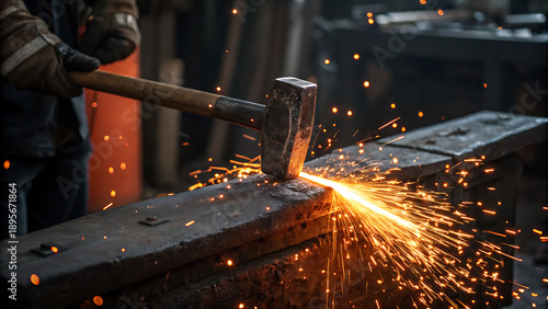 Blacksmith Hammer Strikes Glowing Steel on Anvil, Creating Sparks
