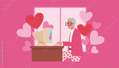 Senior man working remotely in pink pajamas and jacket with heart balloons