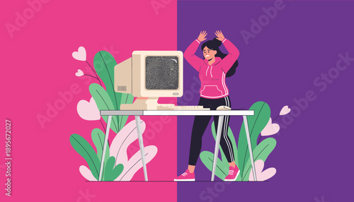 Frustrated woman reacts to static noise on an old CRT monitor Technology failure concept